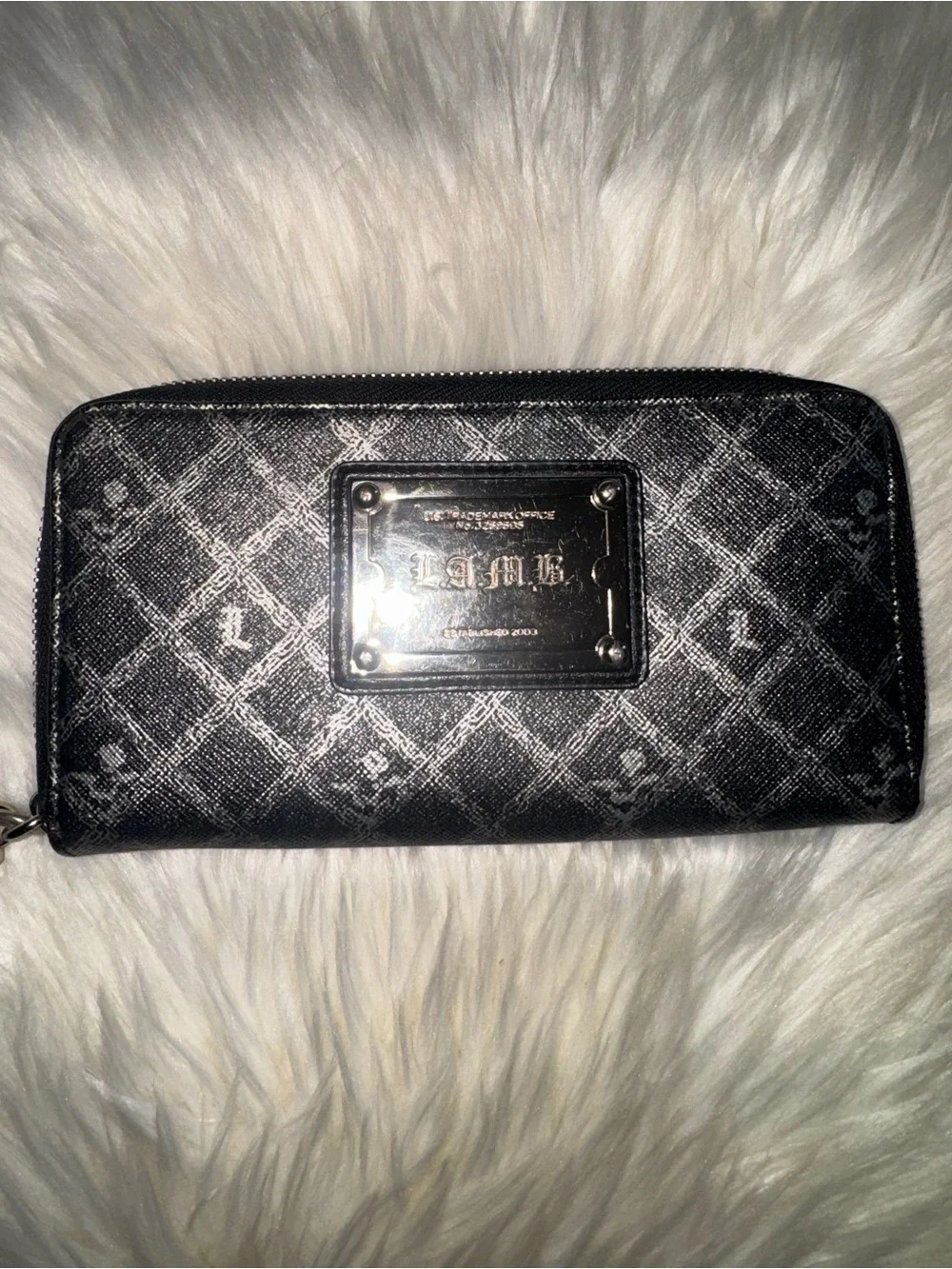L.A.M.B. Black and Silver Monogram Zip Wallet